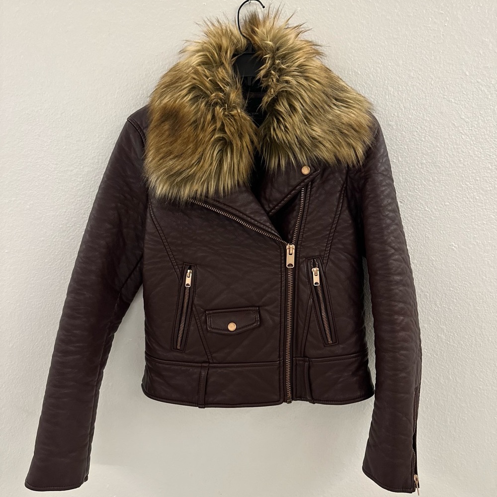 Faux Fur Leather Jacket - Burgundy